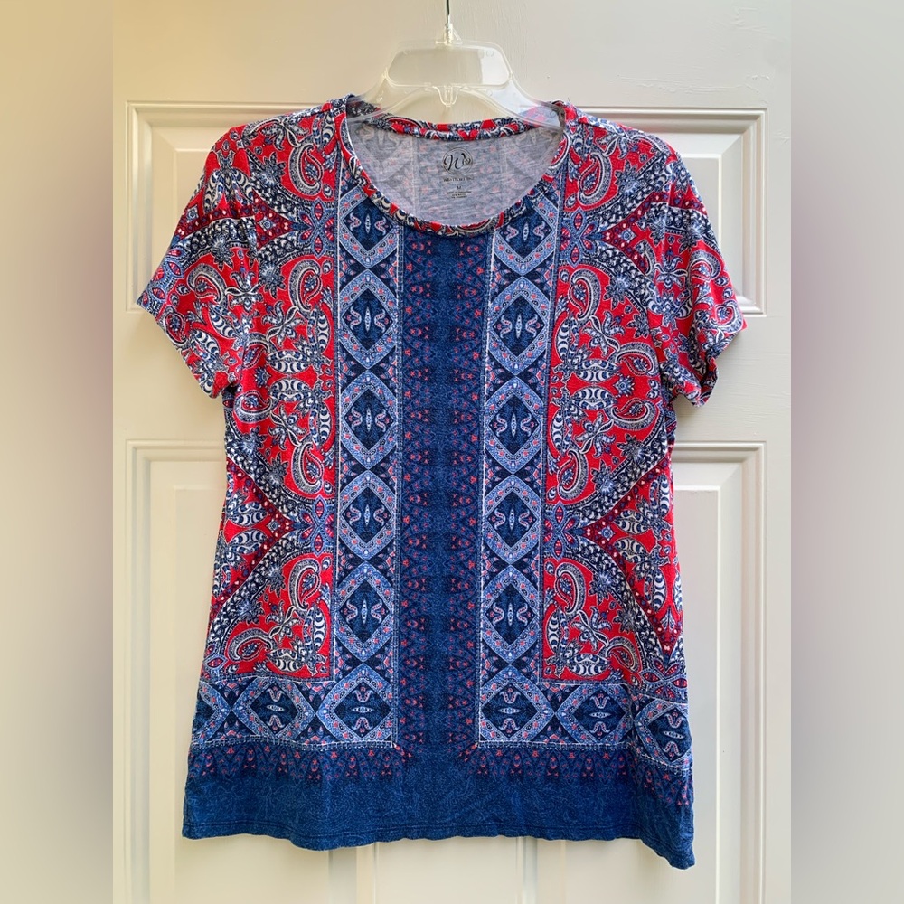 Westport 1962 Women's Blouse Top Shirt Size M Blue Short Sleeve Round Neckline